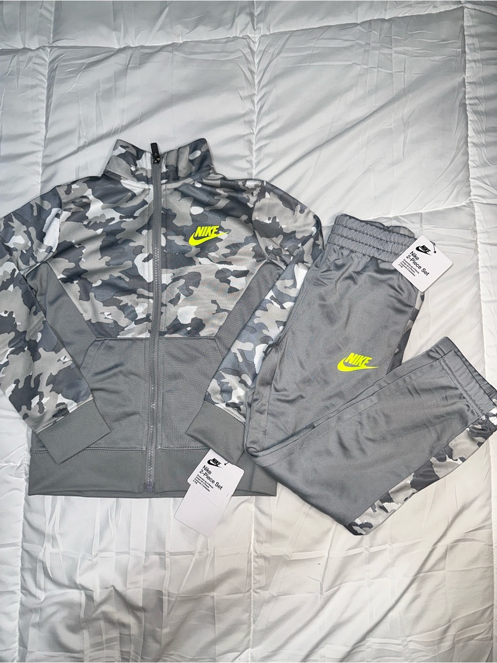 Nike Kids Gray Camo Jogger Set with Neon Yellow Logo